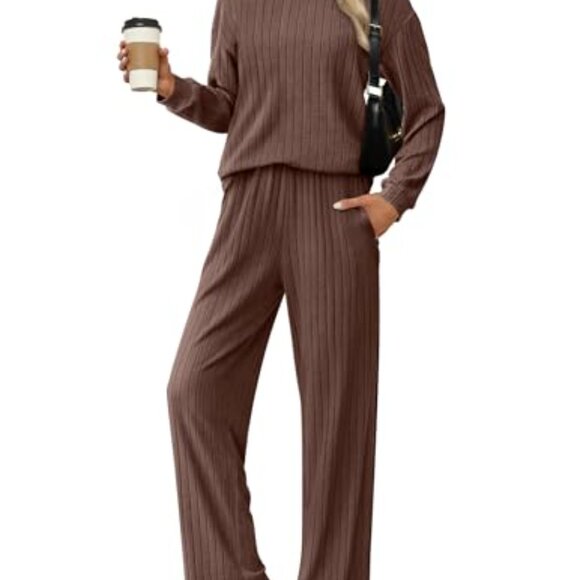 Soft Ribbed Knit Lounge Set Long Sleeve Pajamas 2 Piece S-XXL - Picture 3 of 8